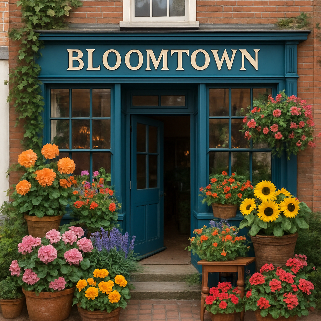 A beautiful flower shop exterior in Bloomtown, showcasing vibrant flowers and a welcoming entrance