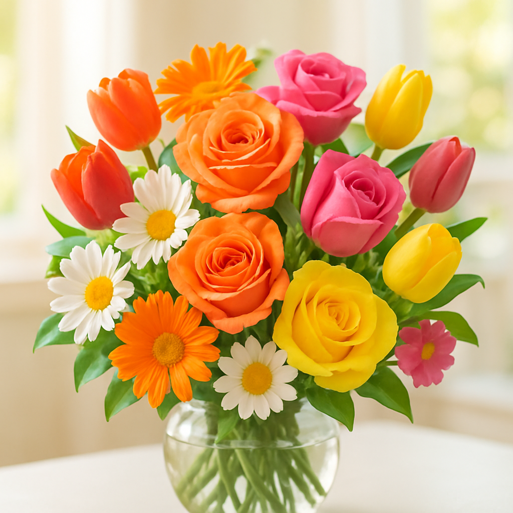 A beautifully arranged bouquet of flowers in various colors